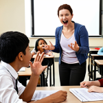 A diverse group of students enthusiastically participating in an English lesson led by a skilled TESOL-certified teacher. The classroom setting is modern and engaging, filled with visual aids and interactive technology. Focus on conveying a sense of dynamic learning and cultural exchange.