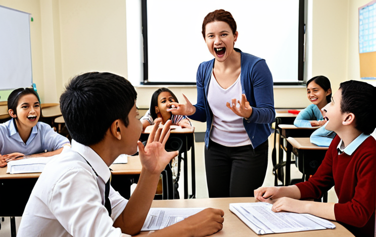 A diverse group of students enthusiastically participating in an English lesson led by a skilled TESOL-certified teacher. The classroom setting is modern and engaging, filled with visual aids and interactive technology. Focus on conveying a sense of dynamic learning and cultural exchange.