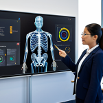 A professional TESOL teacher wearing a modest business suit, standing confidently in a bright, modern digital learning classroom. She is looking towards a large interactive display that shows detailed data visualizations of student progress and personalized AI-generated learning paths. Students are partially visible in the foreground, engaged with their own learning devices. The scene conveys innovation and effective education. Fully clothed, appropriate attire, safe for work, perfect anatomy, correct proportions, natural pose, well-formed hands, proper finger count, natural body proportions, appropriate content, professional, high-quality digital illustration.