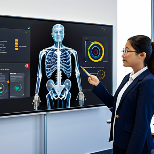 A professional TESOL teacher wearing a modest business suit, standing confidently in a bright, modern digital learning classroom. She is looking towards a large interactive display that shows detailed data visualizations of student progress and personalized AI-generated learning paths. Students are partially visible in the foreground, engaged with their own learning devices. The scene conveys innovation and effective education. Fully clothed, appropriate attire, safe for work, perfect anatomy, correct proportions, natural pose, well-formed hands, proper finger count, natural body proportions, appropriate content, professional, high-quality digital illustration.