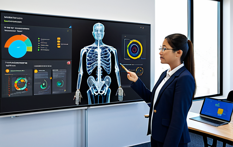 A professional TESOL teacher wearing a modest business suit, standing confidently in a bright, modern digital learning classroom. She is looking towards a large interactive display that shows detailed data visualizations of student progress and personalized AI-generated learning paths. Students are partially visible in the foreground, engaged with their own learning devices. The scene conveys innovation and effective education. Fully clothed, appropriate attire, safe for work, perfect anatomy, correct proportions, natural pose, well-formed hands, proper finger count, natural body proportions, appropriate content, professional, high-quality digital illustration.