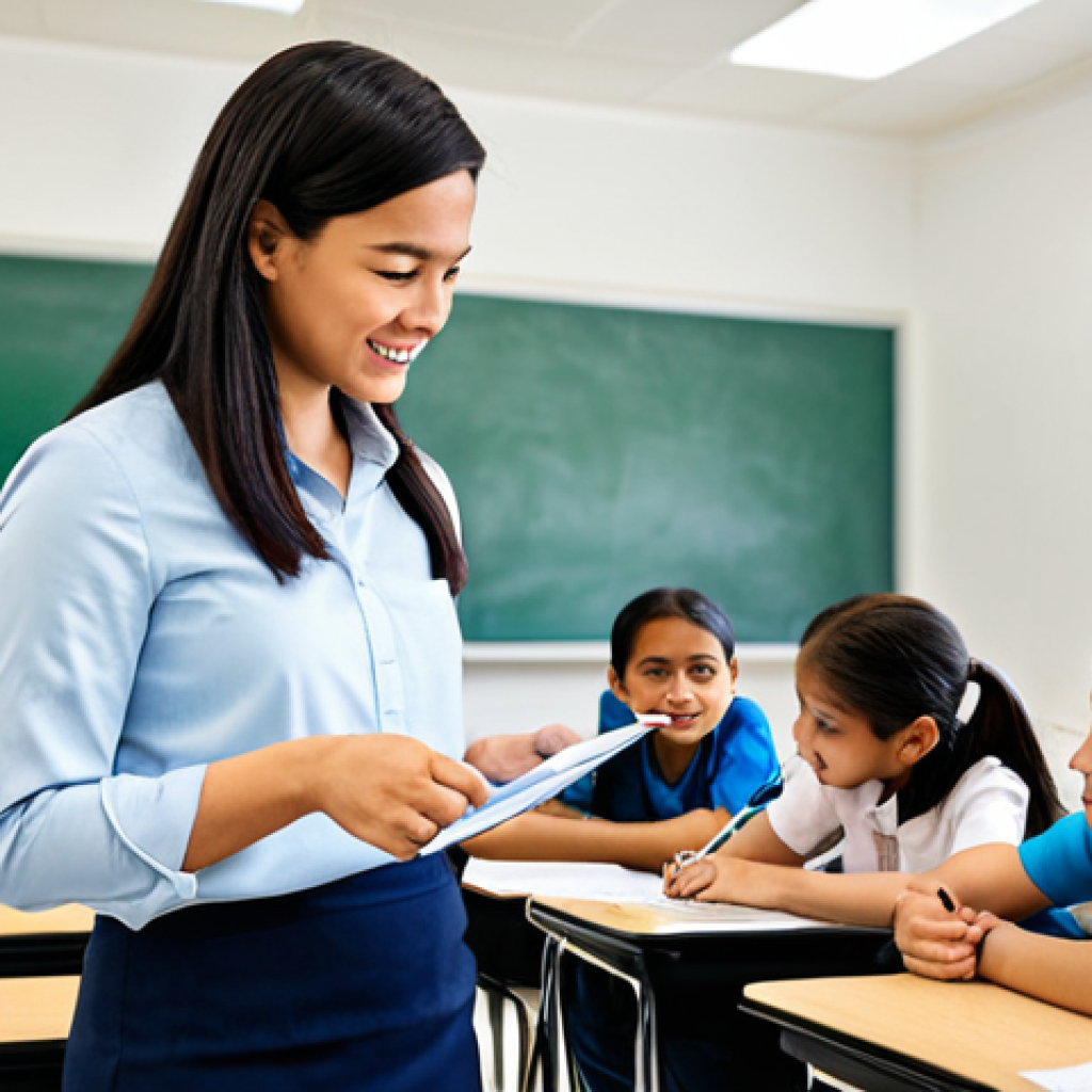 Teacher Providing Feedback**

"A kind and supportive TESOL instructor providing feedback to a student, fully clothed, appropriate attire, in a bright and modern classroom, students actively engaged in learning, safe for work, perfect anatomy, natural proportions, professional, modest, family-friendly, high quality, detailed facial expressions, natural lighting."

**