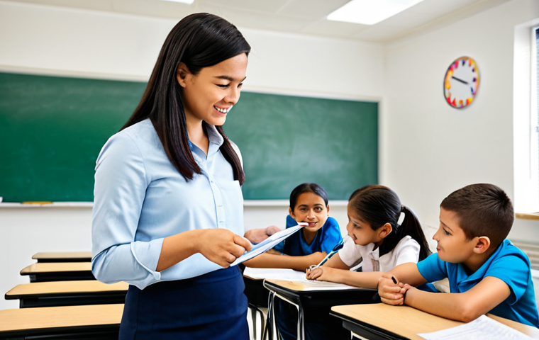 Teacher Providing Feedback**

"A kind and supportive TESOL instructor providing feedback to a student, fully clothed, appropriate attire, in a bright and modern classroom, students actively engaged in learning, safe for work, perfect anatomy, natural proportions, professional, modest, family-friendly, high quality, detailed facial expressions, natural lighting."

**