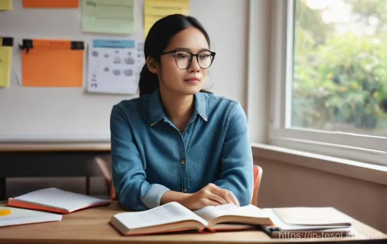 TESOL 강사의 실수와 극복 방법 - **Prompt 1: The Dedicated TESOL Instructor's Desk**
    A female TESOL instructor in her late 20s to...