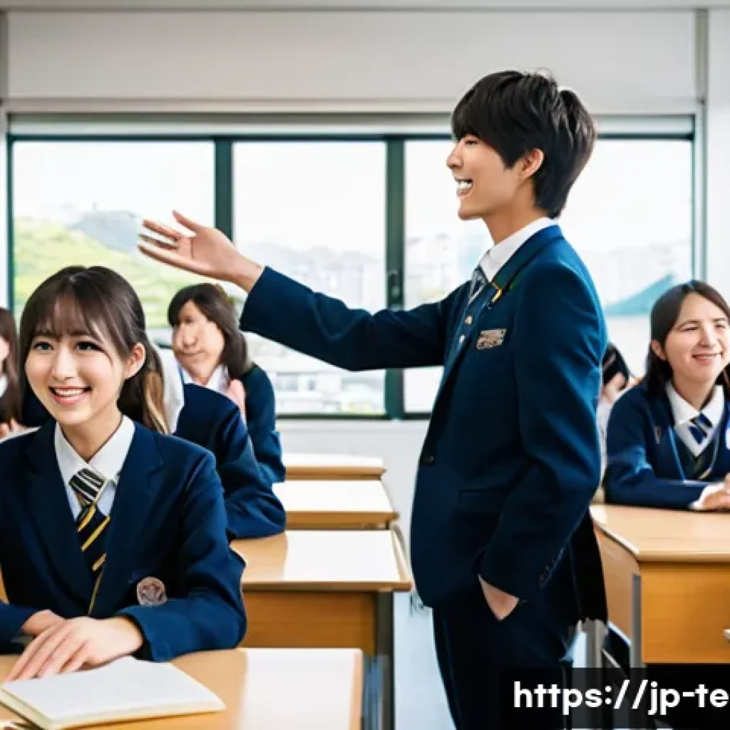 TESOL 강사로 일하기 좋은 국가 - Prompt 1: A vibrant, well-lit classroom in a modern Japanese high school. An enthusiastic young Engl...