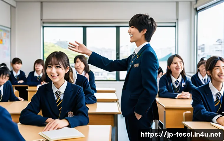 TESOL 강사로 일하기 좋은 국가 - Prompt 1: A vibrant, well-lit classroom in a modern Japanese high school. An enthusiastic young Engl...