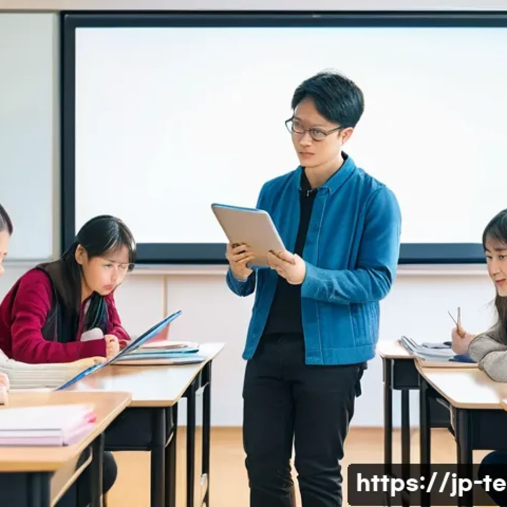 TESOL 필수 과목 정리 - A modern TESOL classroom scene in Japan, featuring a diverse group of adult learners engaged in comm...