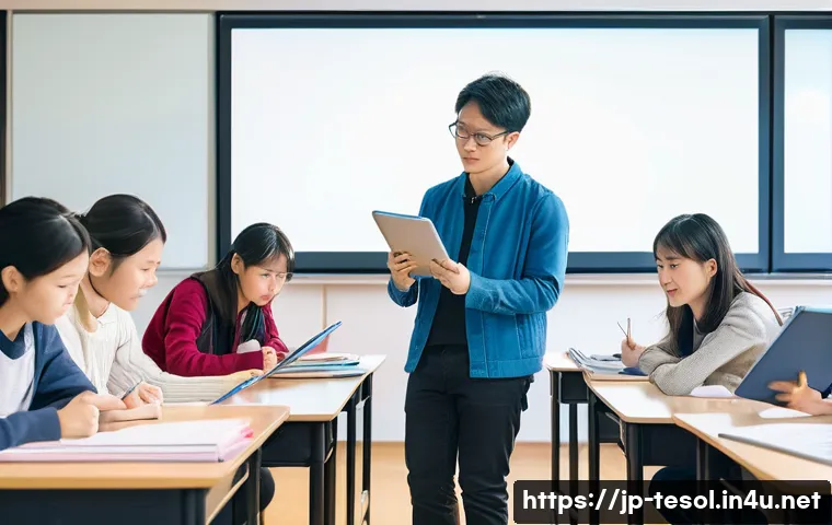 TESOL 필수 과목 정리 - A modern TESOL classroom scene in Japan, featuring a diverse group of adult learners engaged in comm...