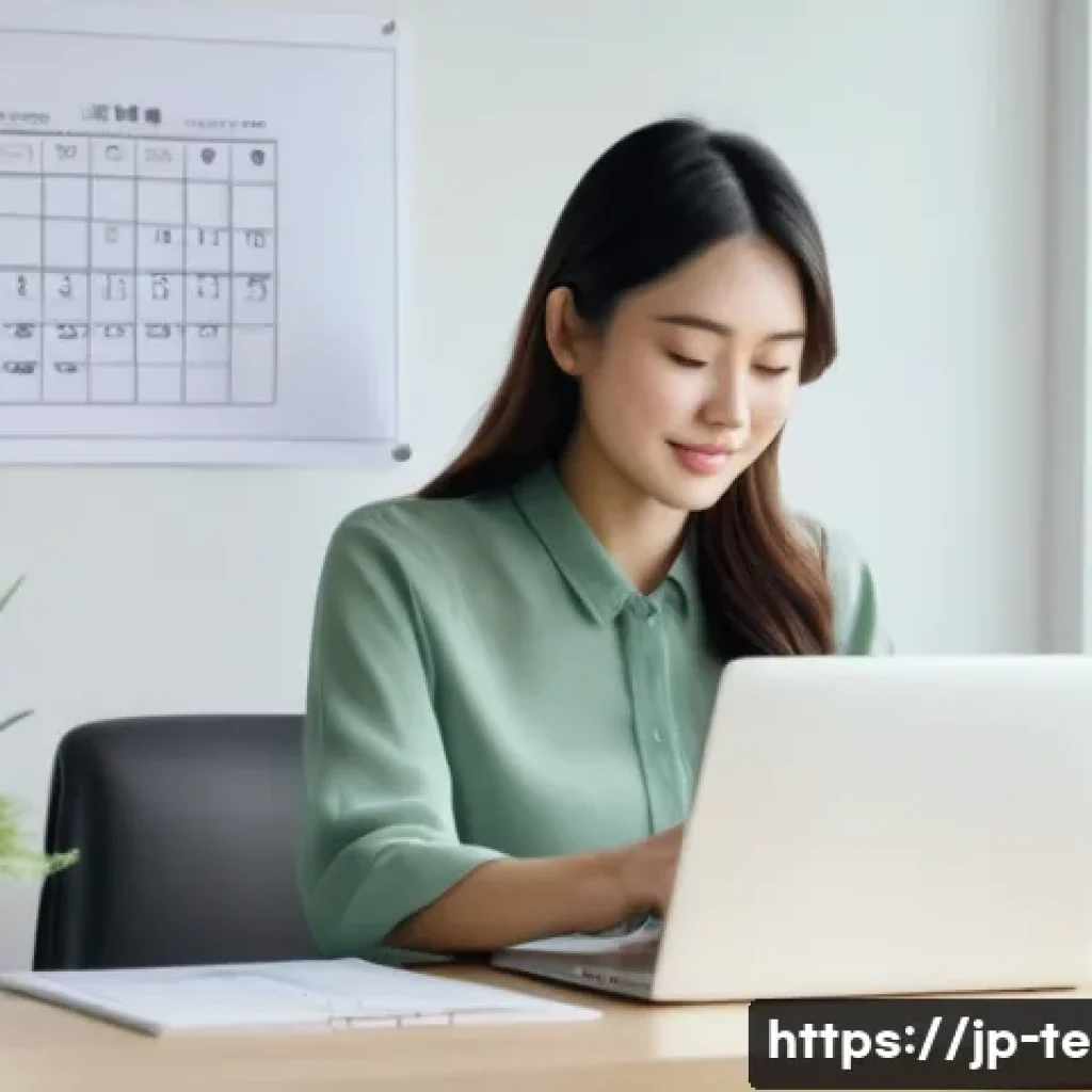 TESOL 시험 후 자격증 발급 과정 - A professional Japanese woman in her 30s sitting at a modern home office desk, checking her laptop a...