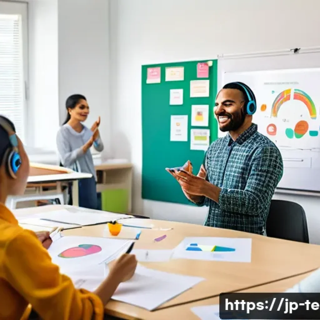 TESOL 강사가 자주 겪는 도전 과제 - A modern TESOL classroom scene with diverse adult students engaging in different learning styles: so...