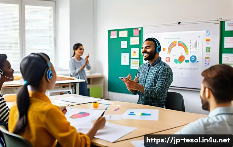 TESOL 강사가 자주 겪는 도전 과제 - A modern TESOL classroom scene with diverse adult students engaging in different learning styles: so...