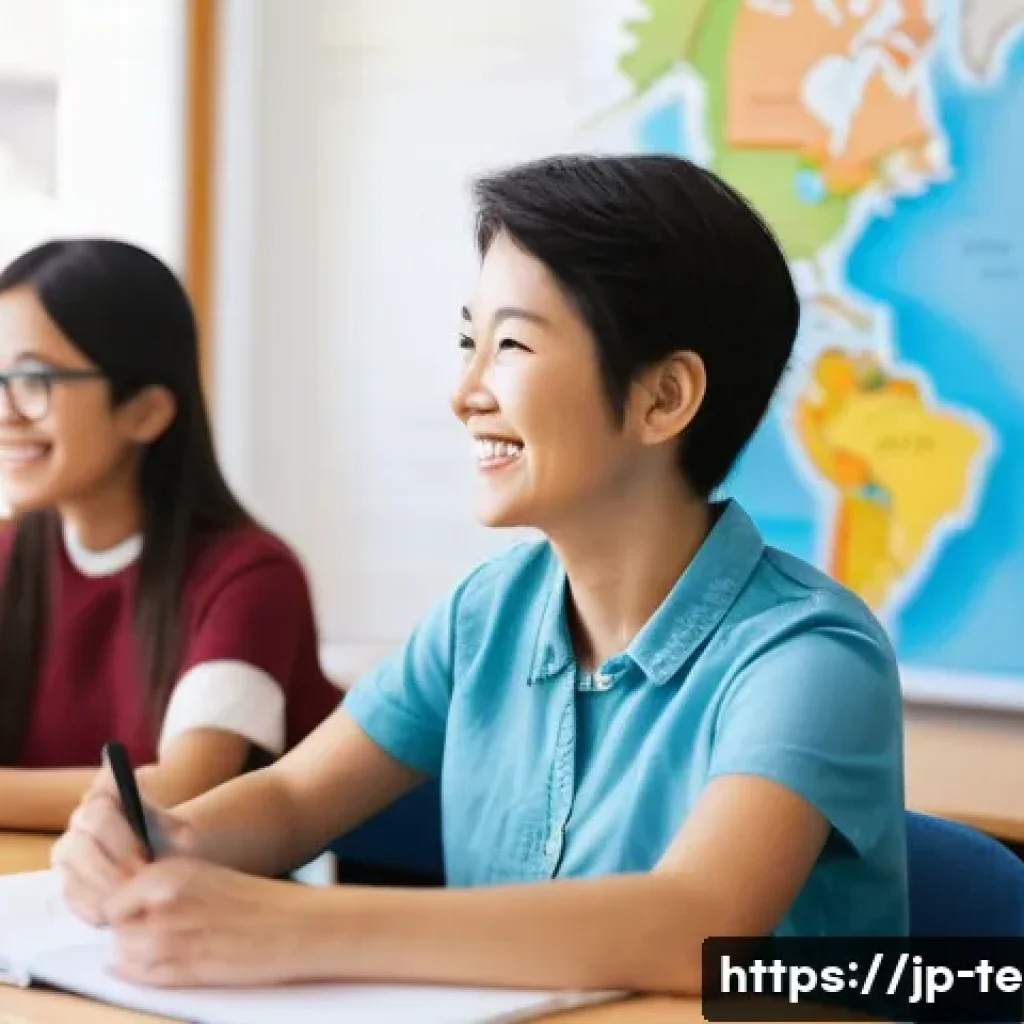 TESOL 자격증으로 가능한 글로벌 기회 - A diverse multicultural classroom scene featuring a Japanese TESOL-certified teacher engaging with a...