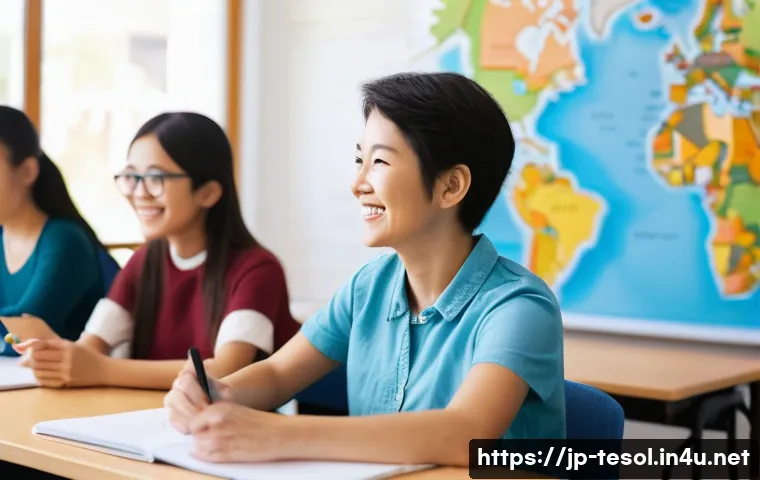 TESOL 자격증으로 가능한 글로벌 기회 - A diverse multicultural classroom scene featuring a Japanese TESOL-certified teacher engaging with a...