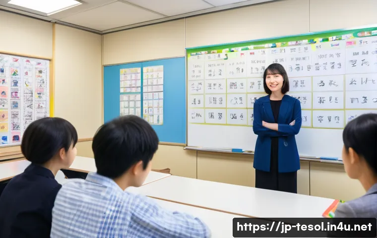 TESOL 강사로서의 자기 표현 - A modern classroom scene in Japan featuring a diverse group of adult students attentively listening ...