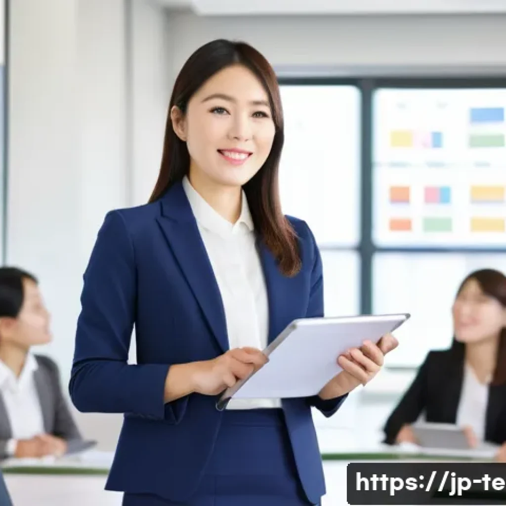 TESOL 자격증 취득 후 이직 성공 - A professional Japanese woman in her early 30s standing confidently in a modern corporate training r...