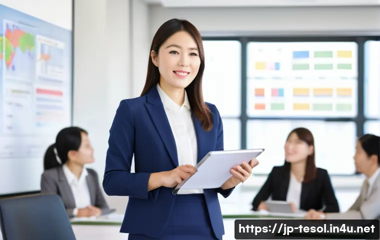 TESOL 자격증 취득 후 이직 성공 - A professional Japanese woman in her early 30s standing confidently in a modern corporate training r...