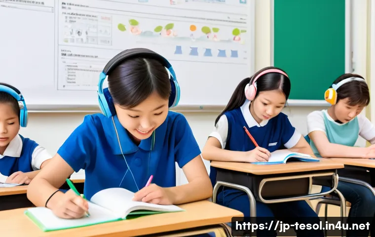 TESOL 강사로서의 학습법 소개 - A modern Japanese classroom scene with a diverse group of attentive students, each showing different...