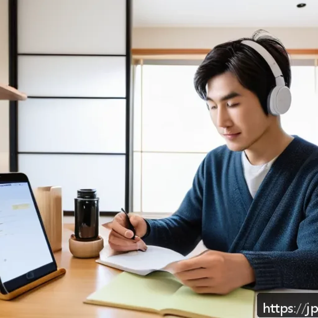 TESOL 강사가 추천하는 유용한 팁 - A modern Japanese bedroom scene in the morning light, featuring a young adult casually getting ready...