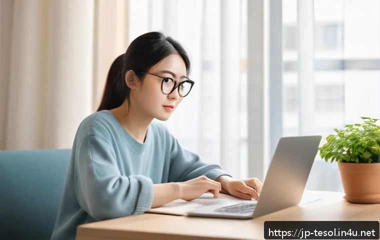 TESOL 자격증 취득에 필요한 시간 - A focused Japanese woman in her late 20s studying for the TESOL qualification at home in a modern, m...