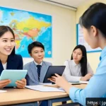 TESOL 자격증으로 유학 가기 - A professional, modern classroom scene in a global language school, featuring a diverse group of adu...