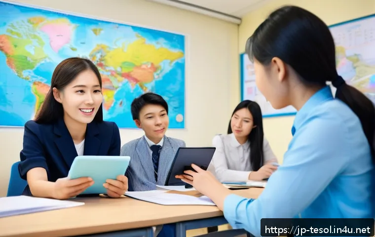 TESOL 자격증으로 유학 가기 - A professional, modern classroom scene in a global language school, featuring a diverse group of adu...