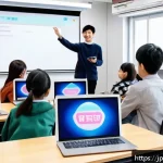 TESOL 교육에서 기술 활용하기 - A modern Japanese classroom scene featuring diverse students using an interactive online learning pl...