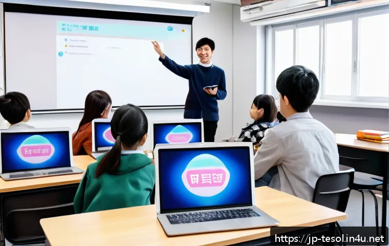 TESOL 교육에서 기술 활용하기 - A modern Japanese classroom scene featuring diverse students using an interactive online learning pl...