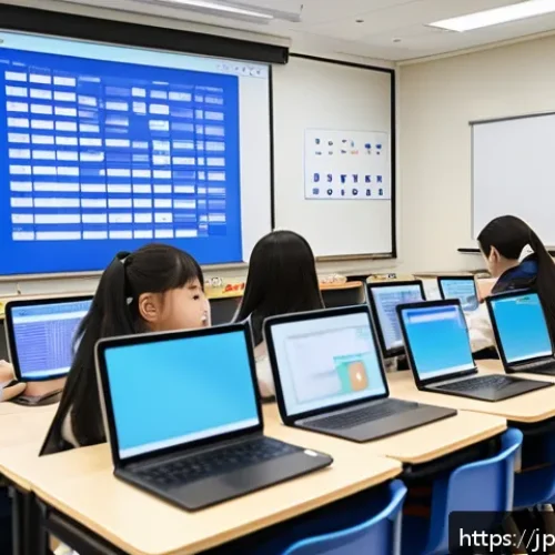 TESOL 학습자 분석 방법 - A modern Japanese classroom scene focused on data-driven learning analysis, showing a diverse group ...