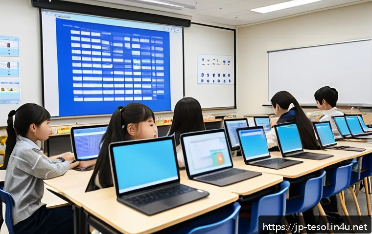 TESOL 학습자 분석 방법 - A modern Japanese classroom scene focused on data-driven learning analysis, showing a diverse group ...