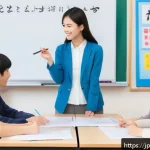 TESOL 강사 직업 만족도 - A warm, modern TESOL classroom scene in Japan featuring a diverse group of adult students from Asia,...