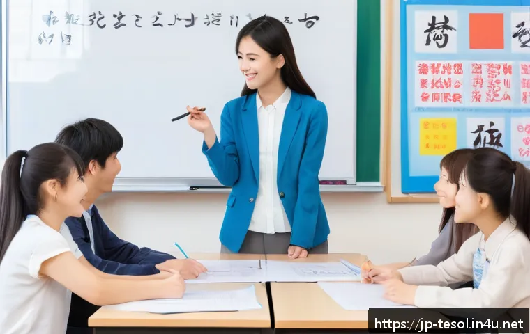 TESOL 강사 직업 만족도 - A warm, modern TESOL classroom scene in Japan featuring a diverse group of adult students from Asia,...
