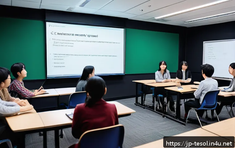 TESOL 강사의 도전 과제 - A modern TESOL classroom scene showing a diverse group of adult learners from various cultural backg...