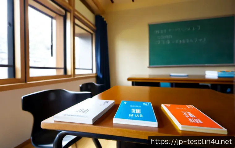 TESOL 강사가 자주 추천하는 교재 - Photorealistic TESOL instructor in a bright modern Japanese language classroom, carefully comparing ...