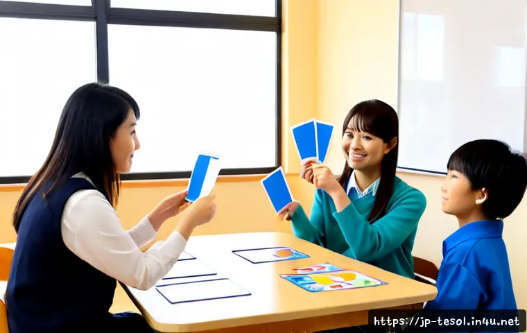 TESOL 강사가 사용하는 효과적인 자료 - Photorealistic TESOL instructor in a bright modern classroom, warmly guiding a small group of adult ...