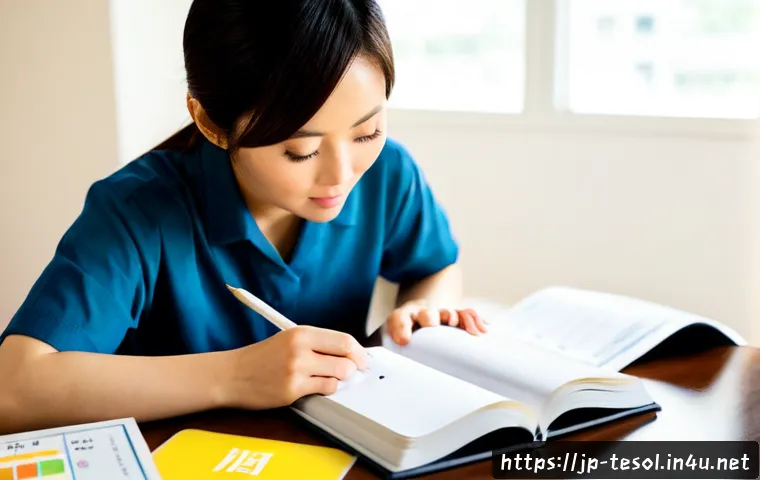 TESOL 강사 업무일지 - Photorealistic Japanese TESOL instructor at a tidy home-office desk, reviewing a blank open teaching...